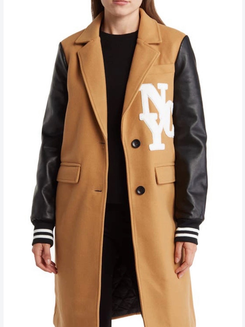 Azalea Wang Camel Varsity Coat with Black Leather Sleeves